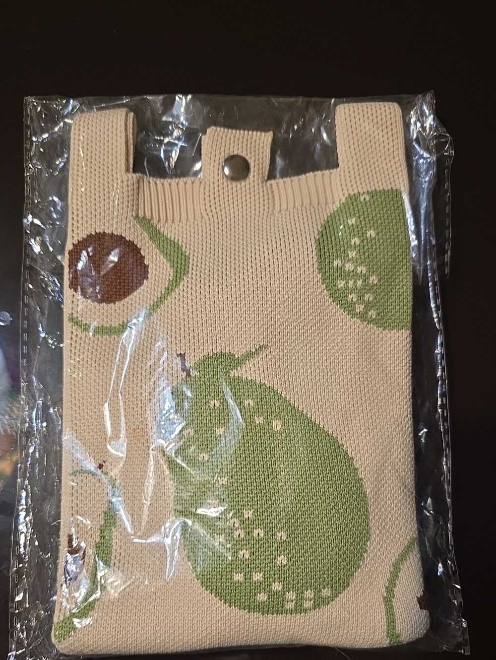 2026 New Cute Cartoon Simple Beige Knitted Handbag / Pouch with Green Pear Motif